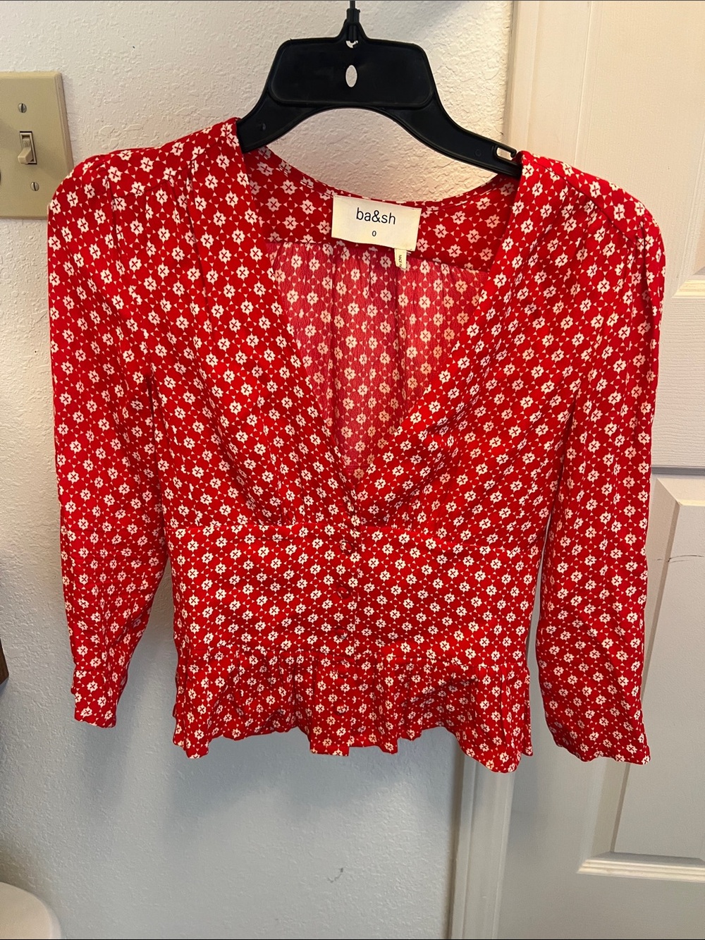 ba&sh Red Floral V-Neck Peplum Top